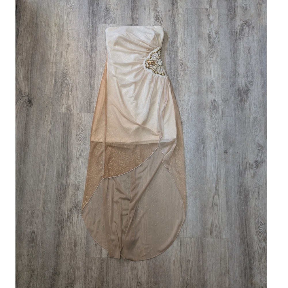 Teeze Me Y2K Fairy Champagne Gold Glitter High-Low Strapless Formal Dress Size 3